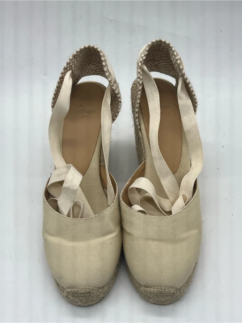 Castaner Cream Canvas Espadrille Wedge Sandals with Ankle Ties